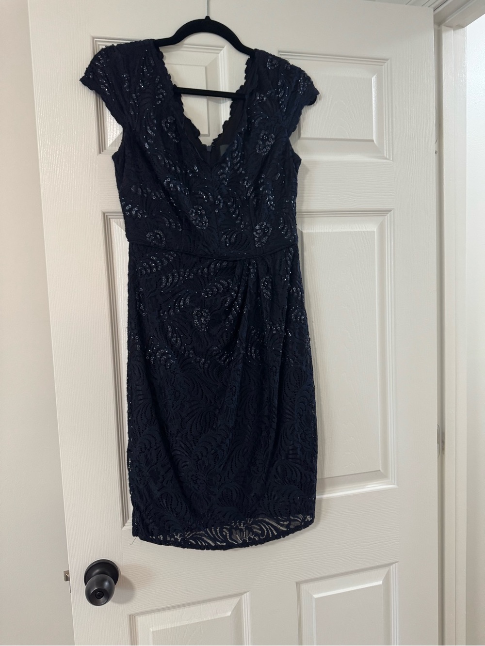 Adrianna Papell Navy Lace Midi Dress with Sequin Detail